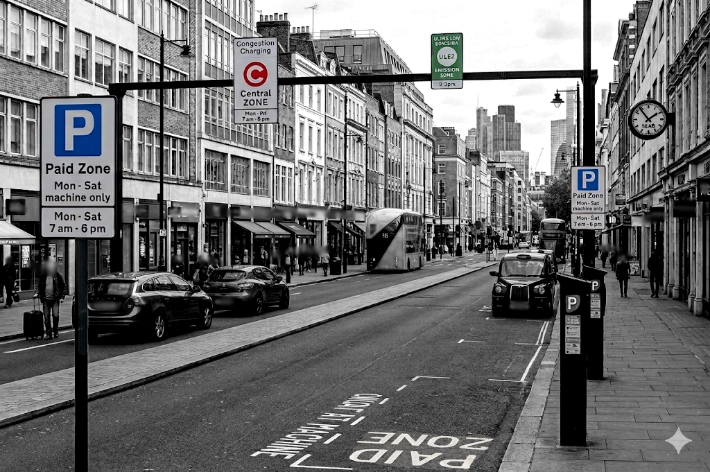 City road with signs informing drivers are entering a high pressure area in terms of traffic and parking - specific rules applied