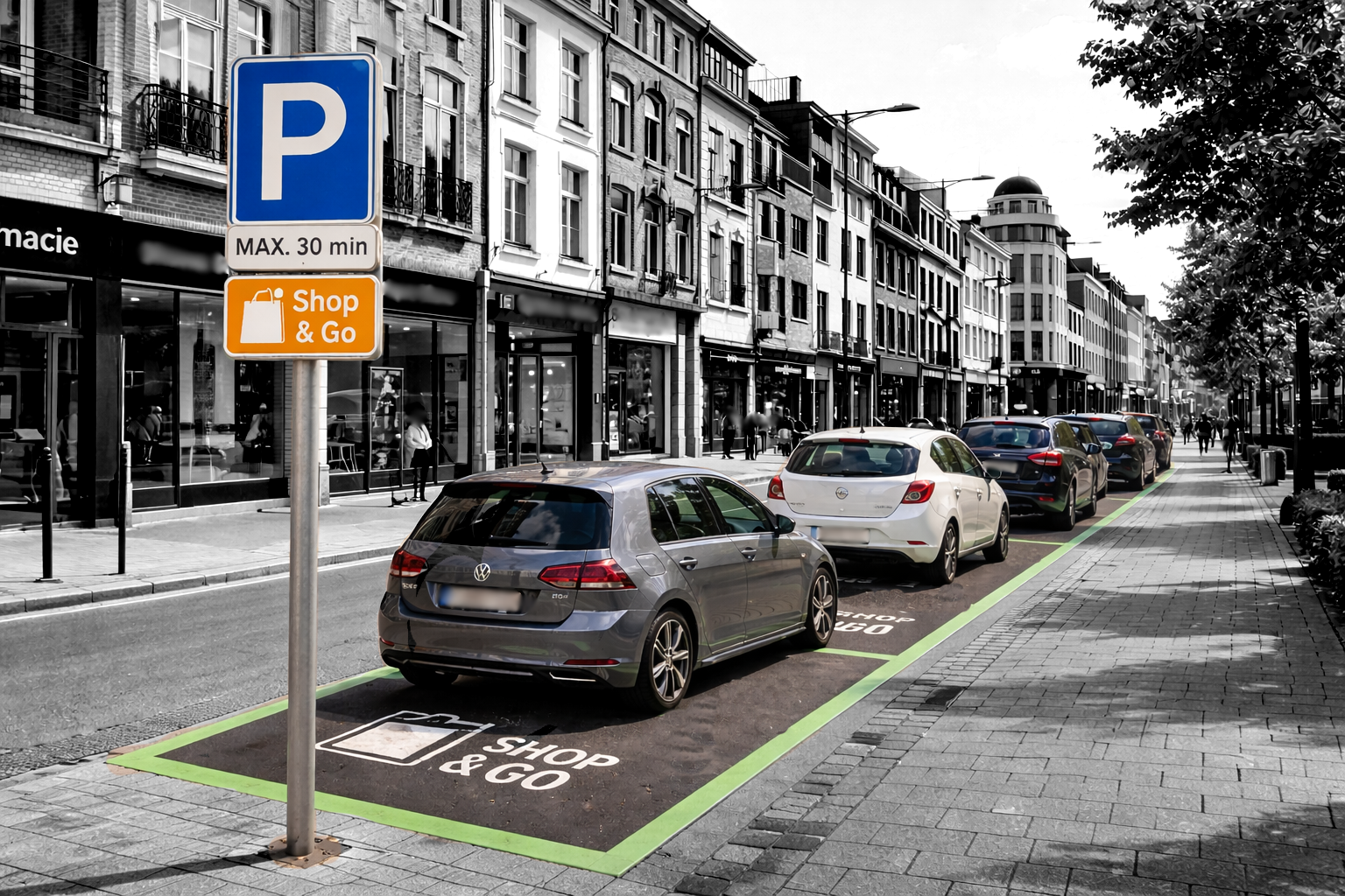 cars sopped in a short duration parking zones (Shop&Go area) where parking time is limited to 30mins